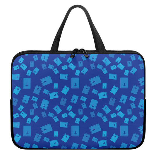 Blue Holy Bible Pattern Print Laptop Sleeve With Handle