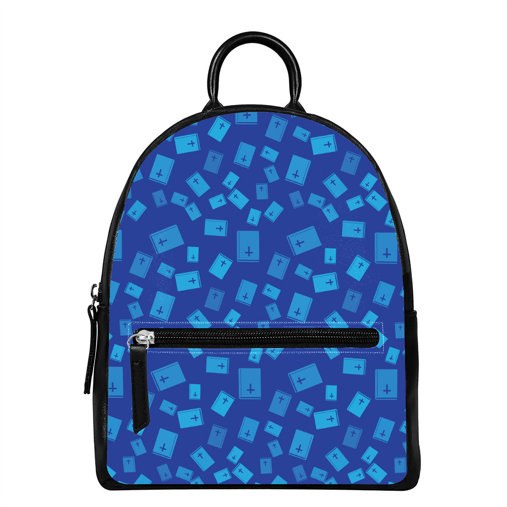 Blue Holy Bible Pattern Print Leather Backpack