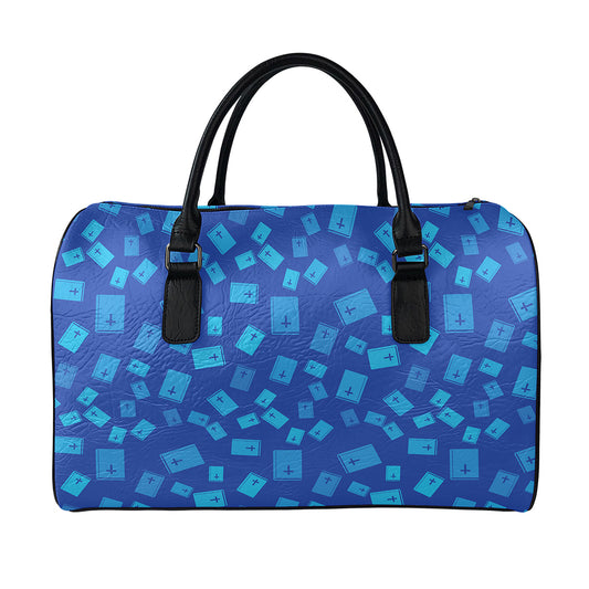 Blue Holy Bible Pattern Print Leather Duffle Bag
