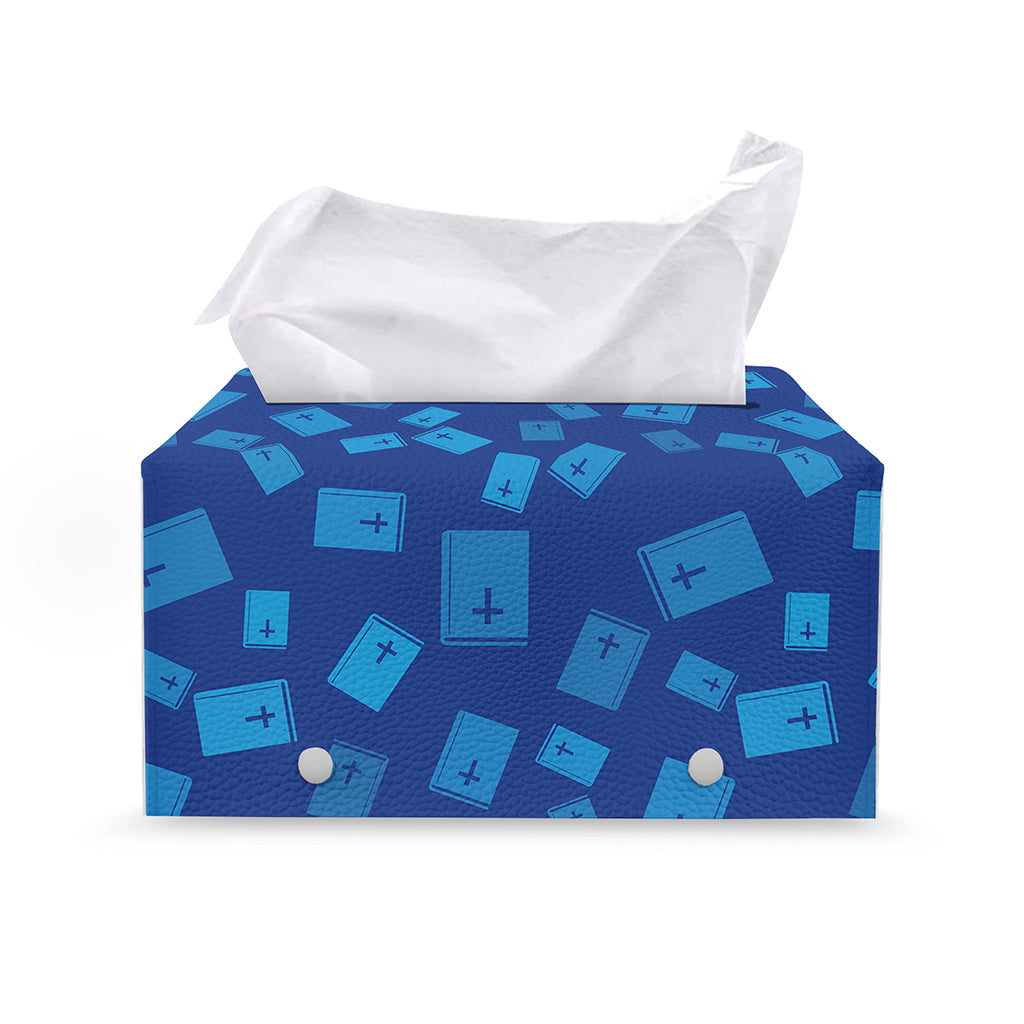 Blue Holy Bible Pattern Print Leather Tissue Box Cover