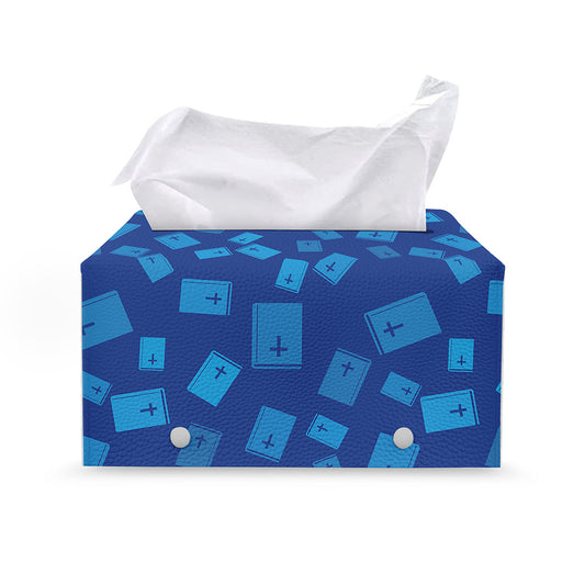 Blue Holy Bible Pattern Print Leather Tissue Box Cover