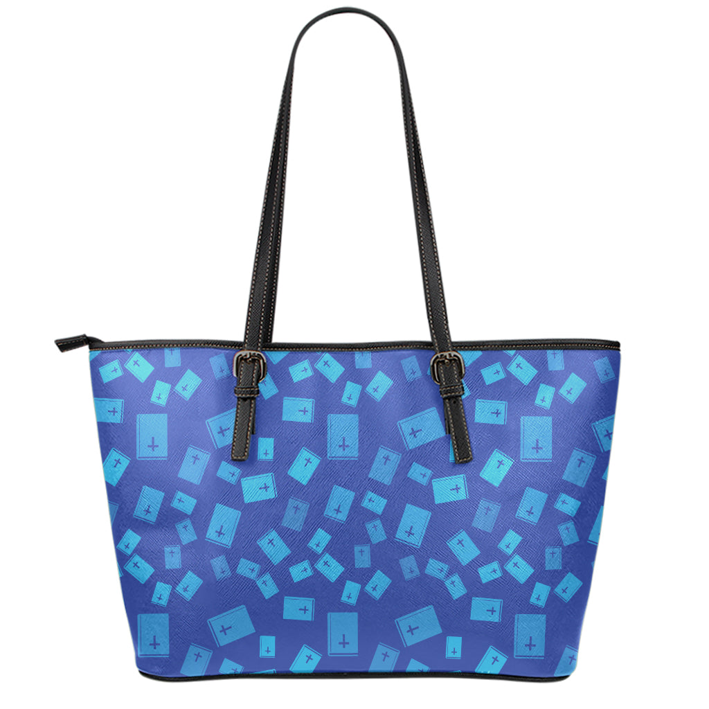 Blue Holy Bible Pattern Print Leather Tote Bag