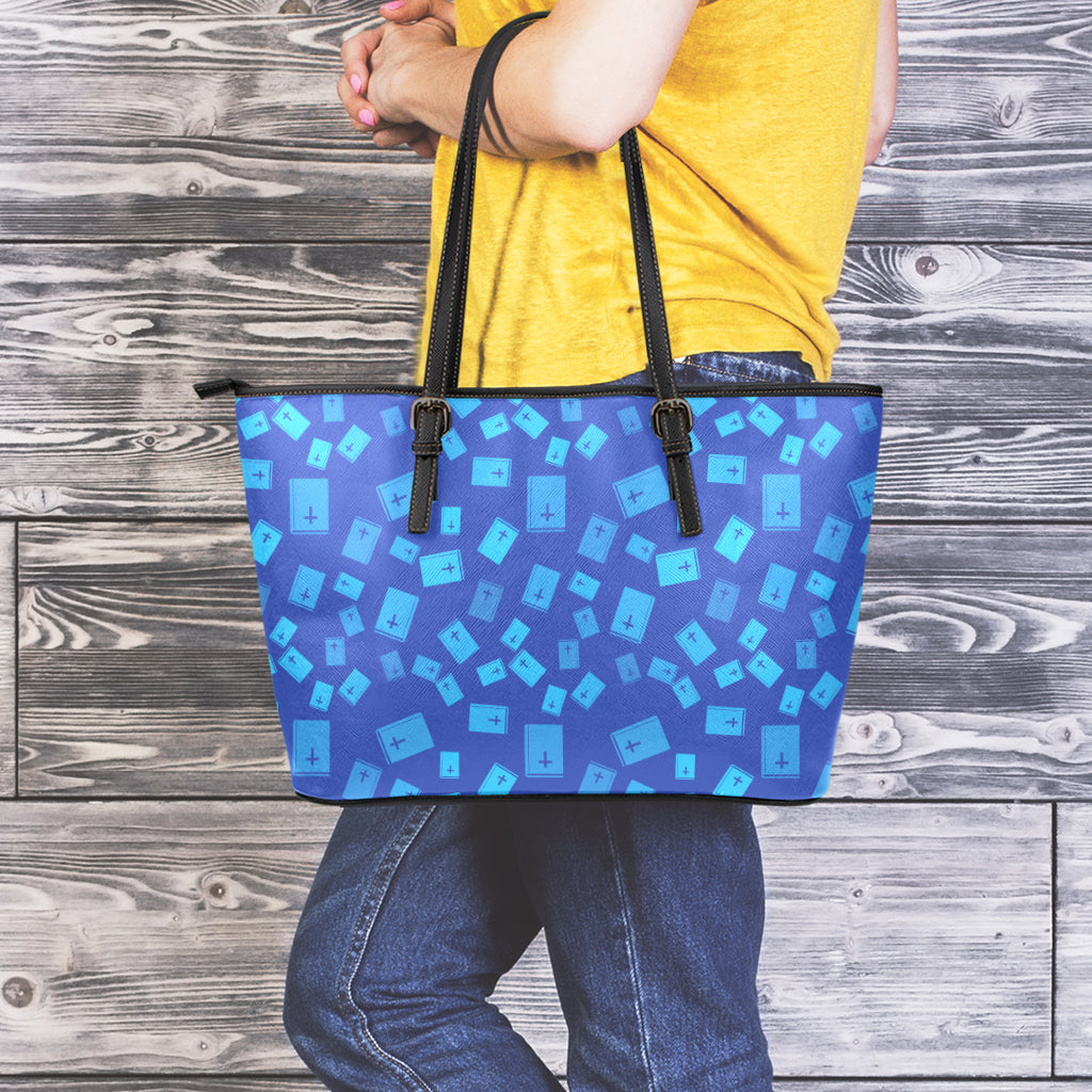 Blue Holy Bible Pattern Print Leather Tote Bag