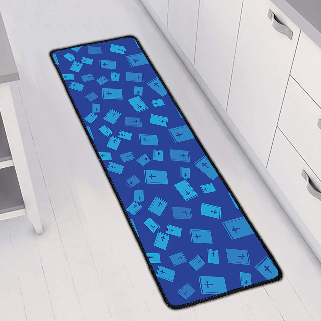 Blue Holy Bible Pattern Print Long Kitchen Mat
