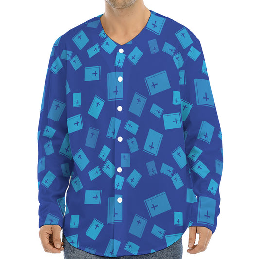 Blue Holy Bible Pattern Print Long Sleeve Baseball Jersey