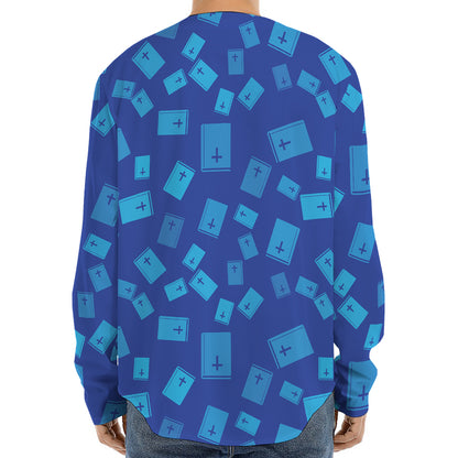 Blue Holy Bible Pattern Print Long Sleeve Baseball Jersey