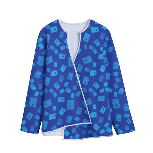 Blue Holy Bible Pattern Print Long Sleeve Short Coat