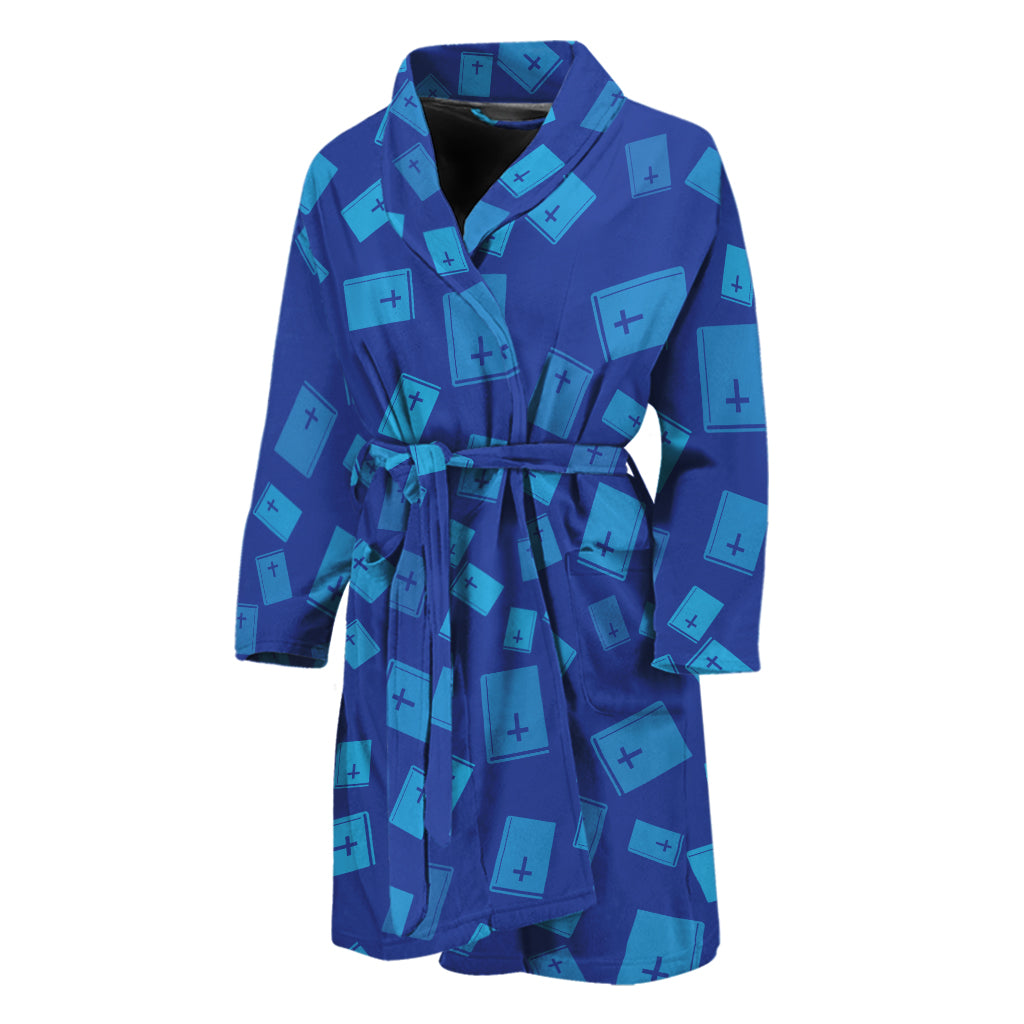 Blue Holy Bible Pattern Print Men's Bathrobe