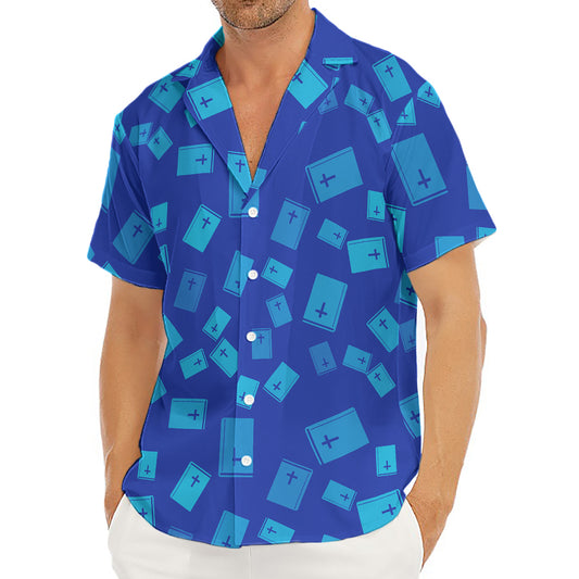 Blue Holy Bible Pattern Print Men's Deep V-Neck Shirt