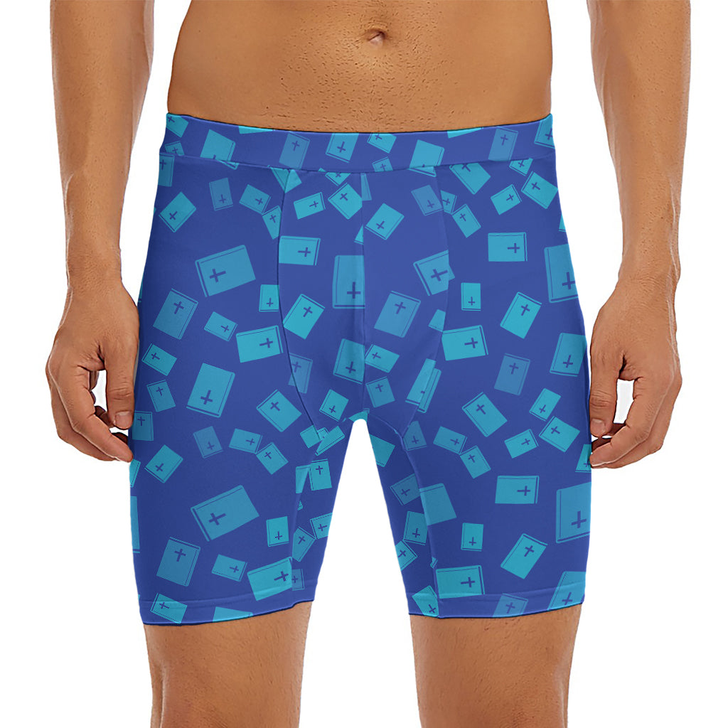 Blue Holy Bible Pattern Print Men's Long Boxer Briefs