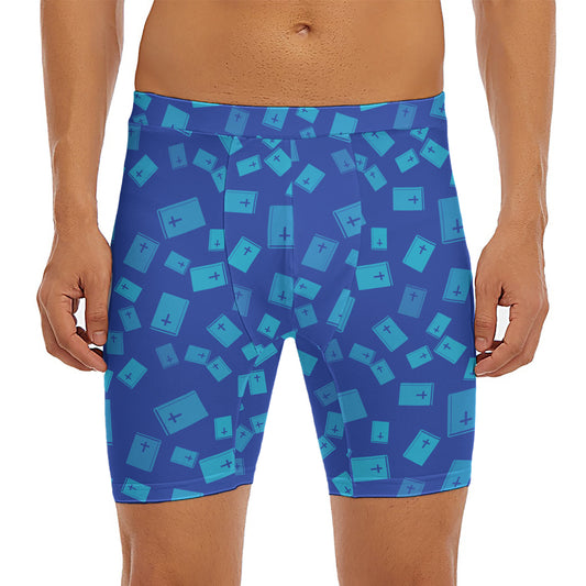 Blue Holy Bible Pattern Print Men's Long Boxer Briefs