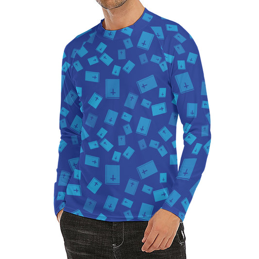 Blue Holy Bible Pattern Print Men's Long Sleeve Rash Guard