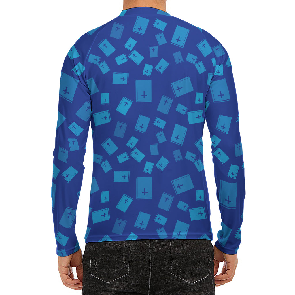 Blue Holy Bible Pattern Print Men's Long Sleeve Rash Guard