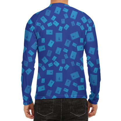Blue Holy Bible Pattern Print Men's Long Sleeve Rash Guard