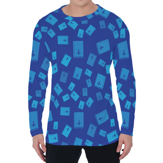 Blue Holy Bible Pattern Print Men's Long Sleeve T-Shirt