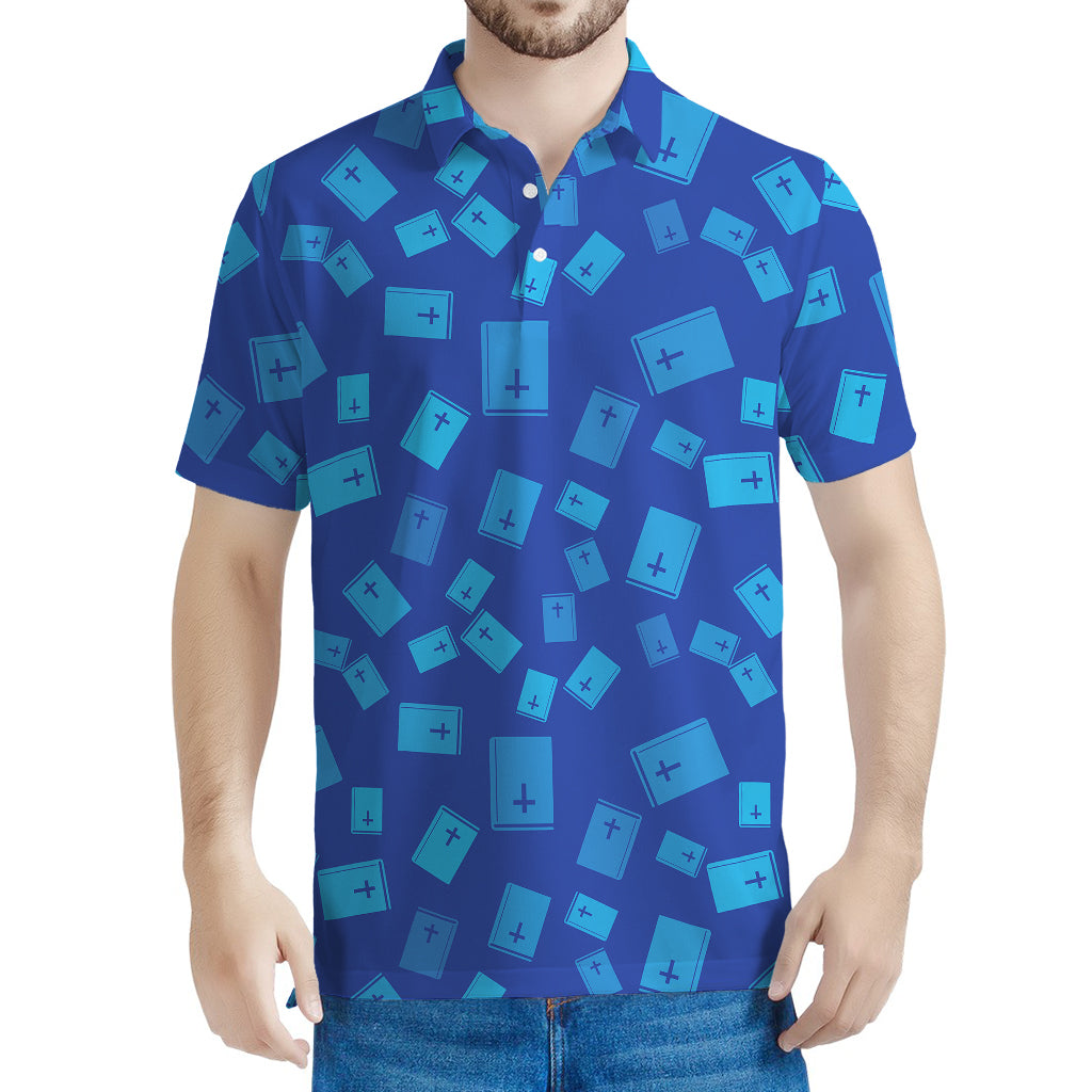 Blue Holy Bible Pattern Print Men's Polo Shirt