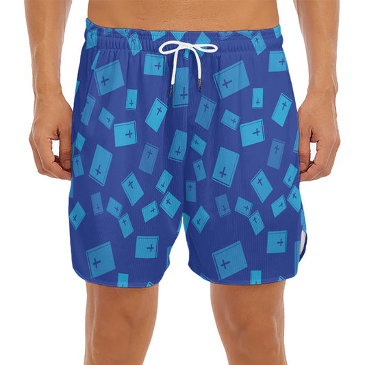 Blue Holy Bible Pattern Print Men's Split Running Shorts