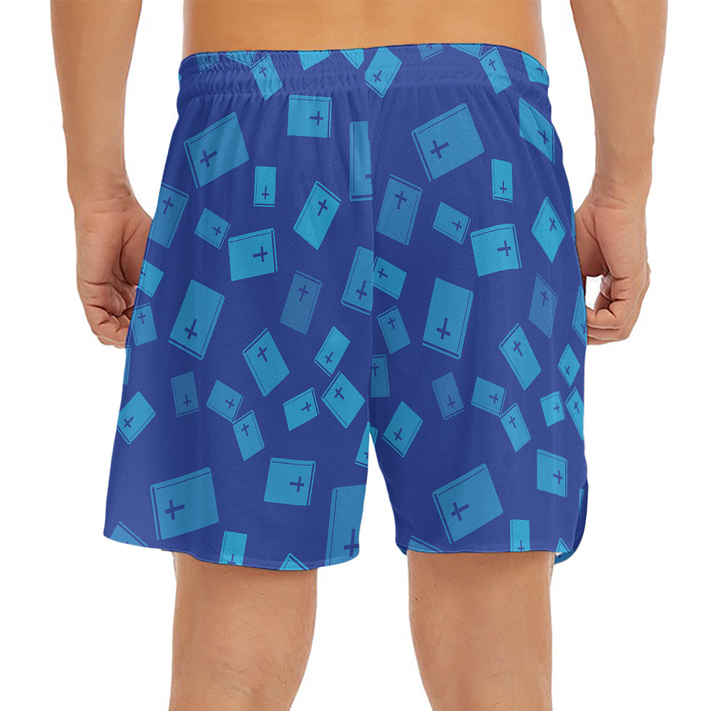 Blue Holy Bible Pattern Print Men's Split Running Shorts