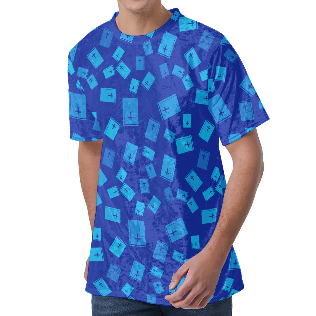 Blue Holy Bible Pattern Print Men's Velvet T-Shirt