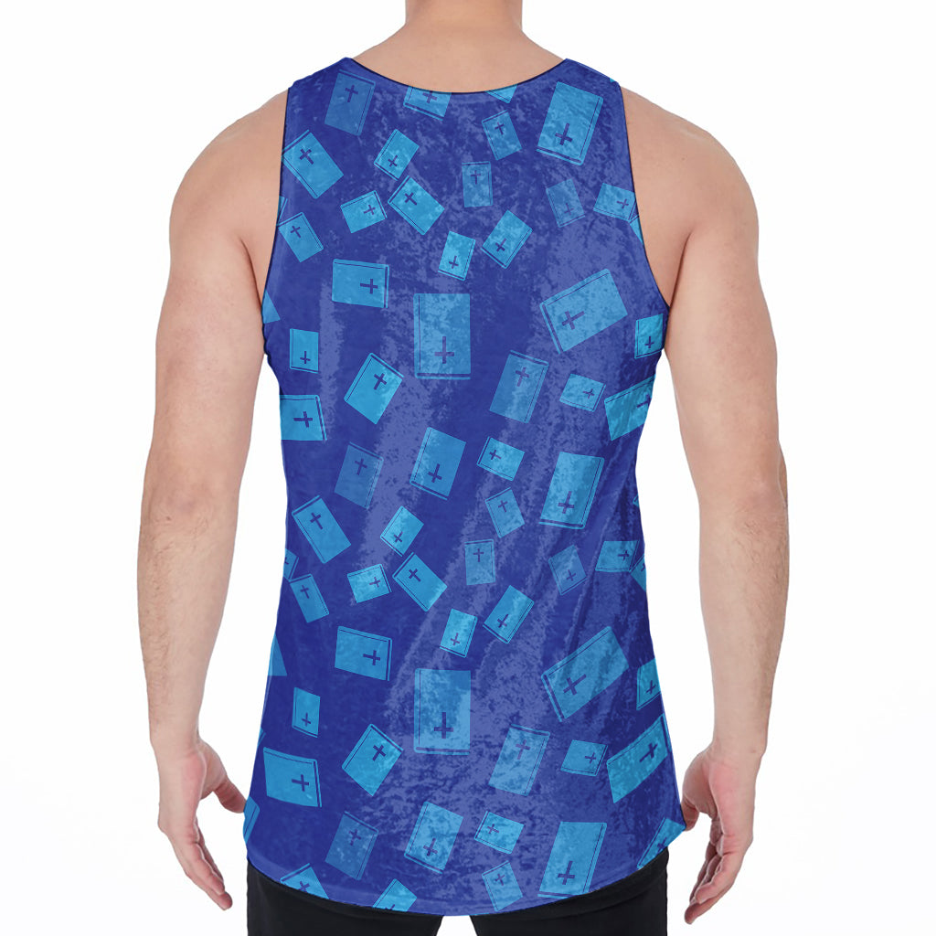 Blue Holy Bible Pattern Print Men's Velvet Tank Top