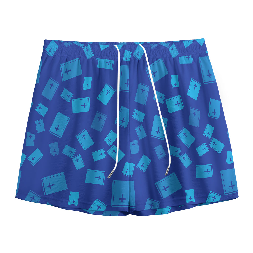 Blue Holy Bible Pattern Print Mesh Shorts