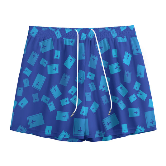 Blue Holy Bible Pattern Print Mesh Shorts