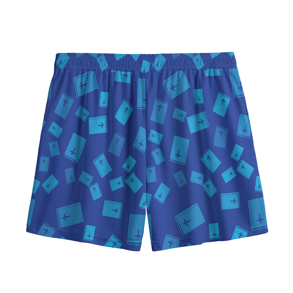 Blue Holy Bible Pattern Print Mesh Shorts