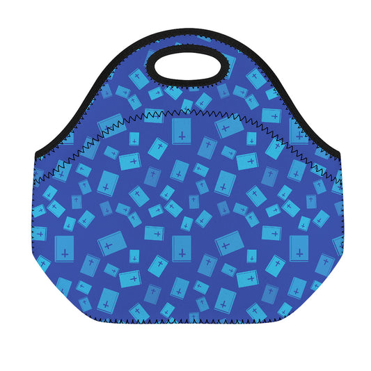 Blue Holy Bible Pattern Print Neoprene Lunch Bag