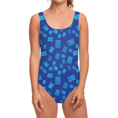 Blue Holy Bible Pattern Print One Piece Swimsuit