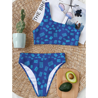 Blue Holy Bible Pattern Print One Shoulder Bikini Top