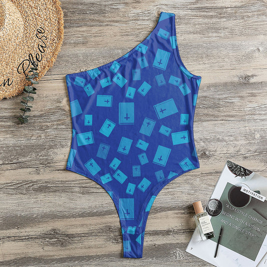 Blue Holy Bible Pattern Print One Shoulder Bodysuit