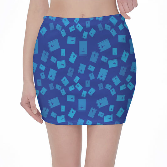 Blue Holy Bible Pattern Print Pencil Mini Skirt