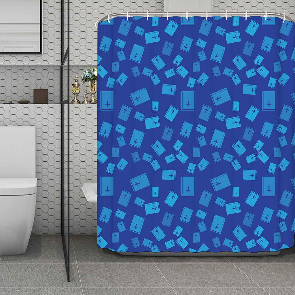 Blue Holy Bible Pattern Print Polyester Shower Curtain