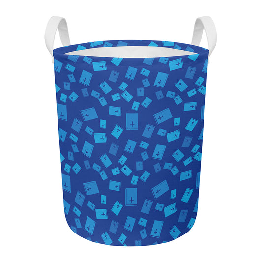 Blue Holy Bible Pattern Print Round Laundry Basket