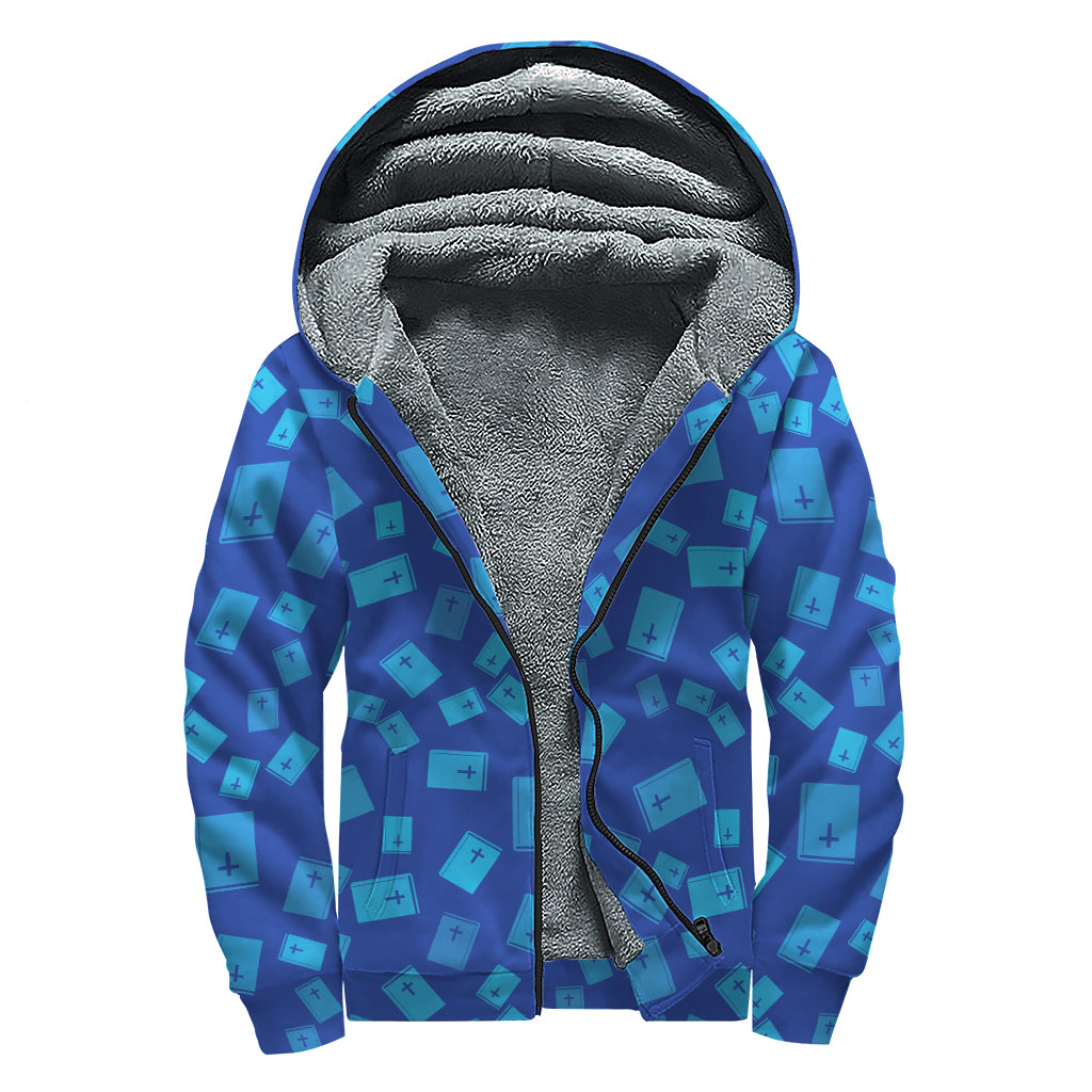 Blue Holy Bible Pattern Print Sherpa Lined Zip Up Hoodie