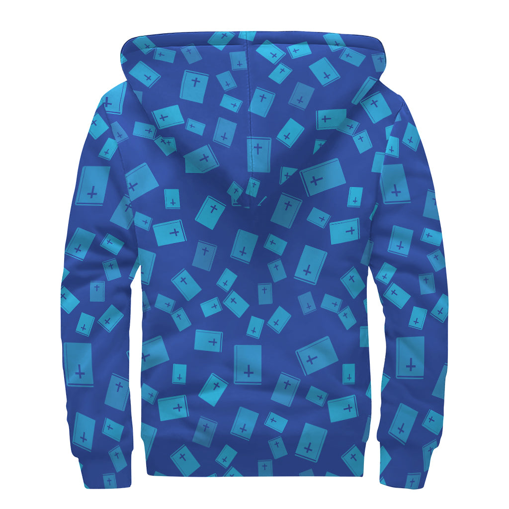 Blue Holy Bible Pattern Print Sherpa Lined Zip Up Hoodie