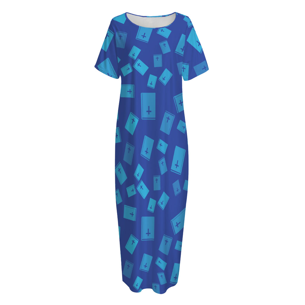 Blue Holy Bible Pattern Print Short Sleeve Long Nightdress
