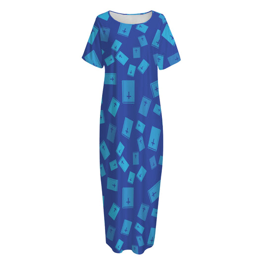 Blue Holy Bible Pattern Print Short Sleeve Long Nightdress