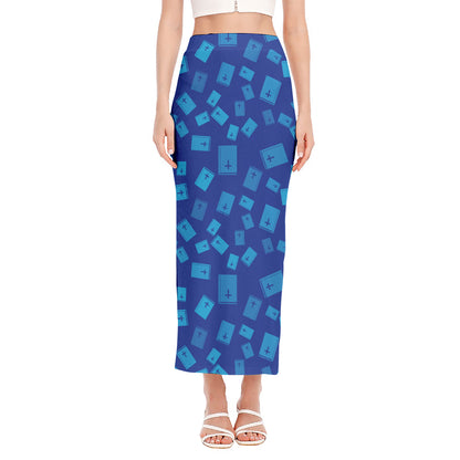Blue Holy Bible Pattern Print Side Slit Maxi Skirt