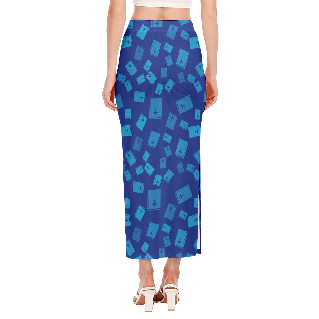 Blue Holy Bible Pattern Print Side Slit Maxi Skirt