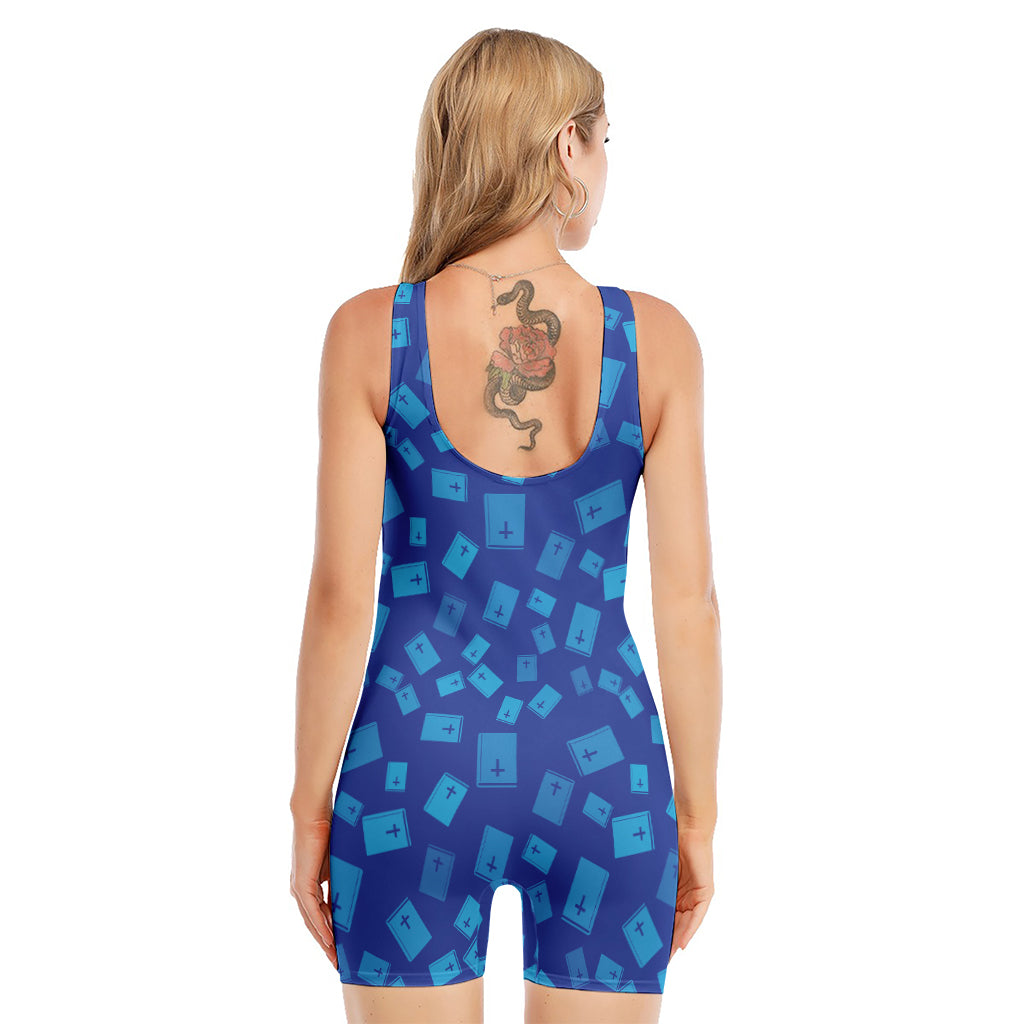 Blue Holy Bible Pattern Print Sleeveless One Piece Swimsuit