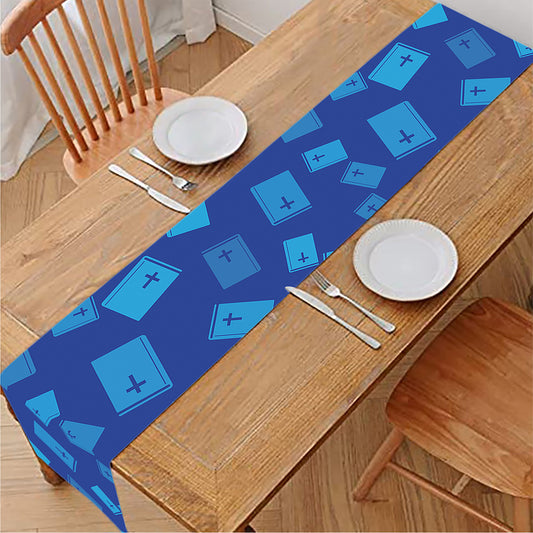 Blue Holy Bible Pattern Print Table Runner