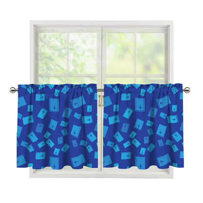 Blue Holy Bible Pattern Print Tier Curtains