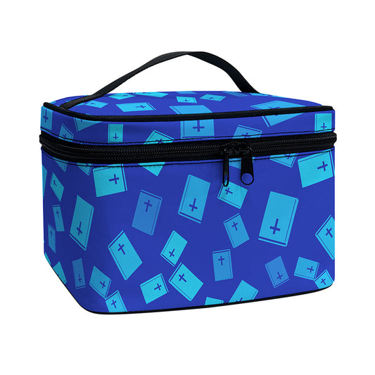 Blue Holy Bible Pattern Print Travel Makeup Bag