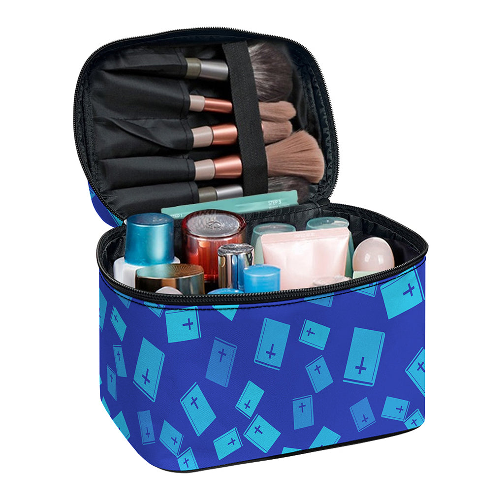 Blue Holy Bible Pattern Print Travel Makeup Bag
