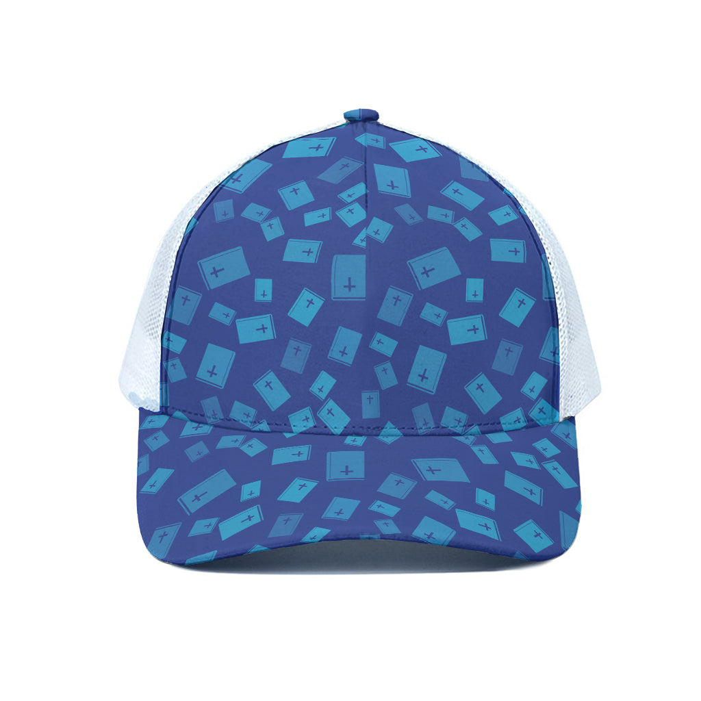 Blue Holy Bible Pattern Print White Mesh Trucker Cap