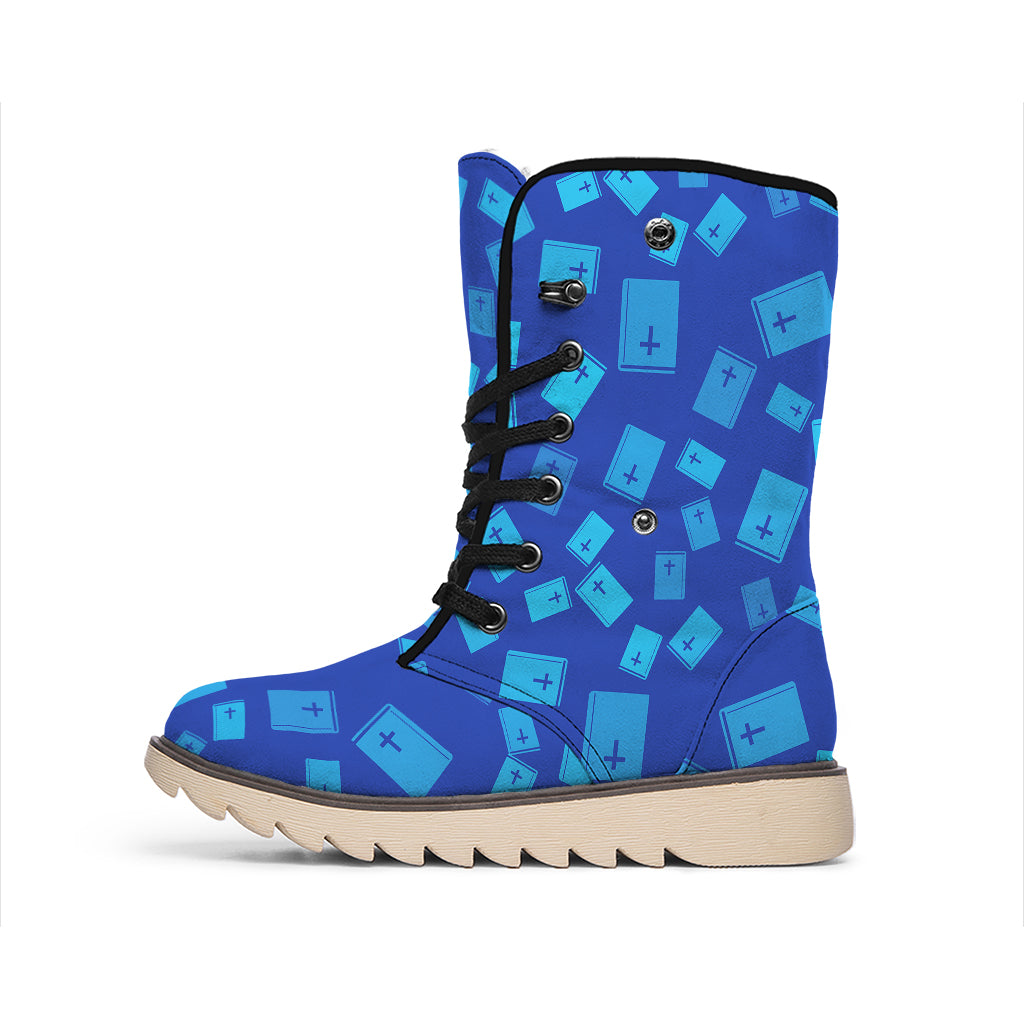 Blue Holy Bible Pattern Print Winter Boots