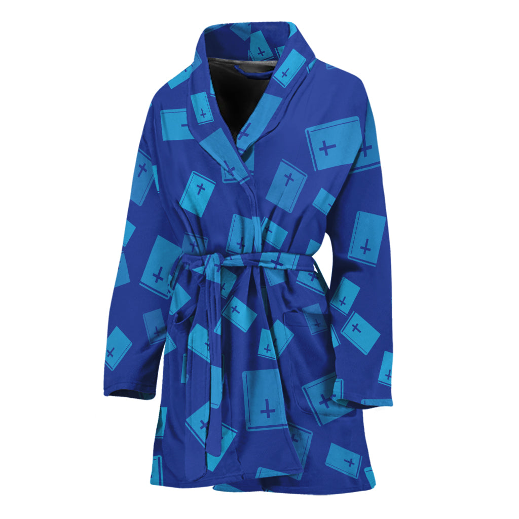 Blue Holy Bible Pattern Print Women's Bathrobe