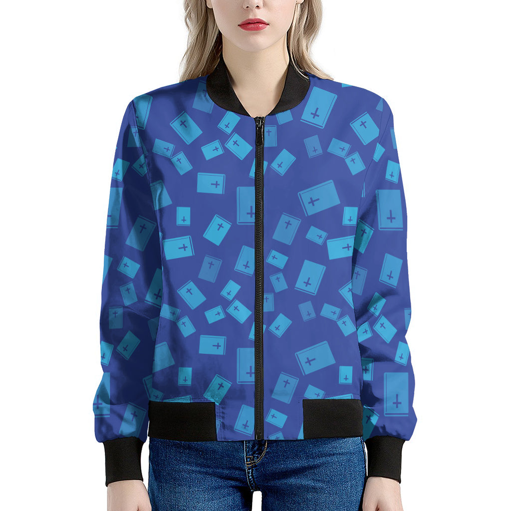 Blue Holy Bible Pattern Print Women's Bomber Jacket