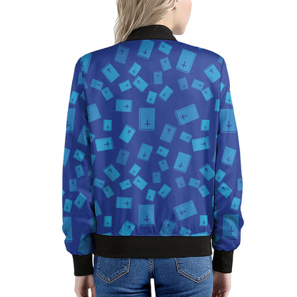 Blue Holy Bible Pattern Print Women's Bomber Jacket